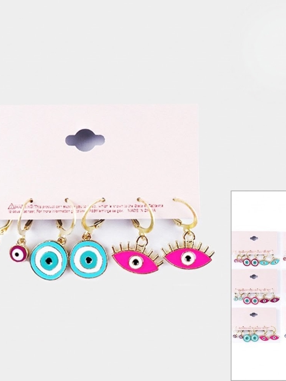 Set of 3 - Enamel Evil Eye Dangle Lever Back Earrings